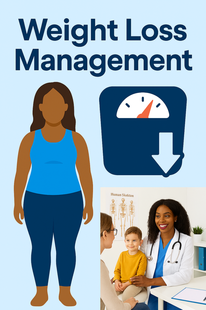 friendly EzCare provider Adult male and female patients on screen Clean, professional layout Visual cues like a scale icon and BMI chart